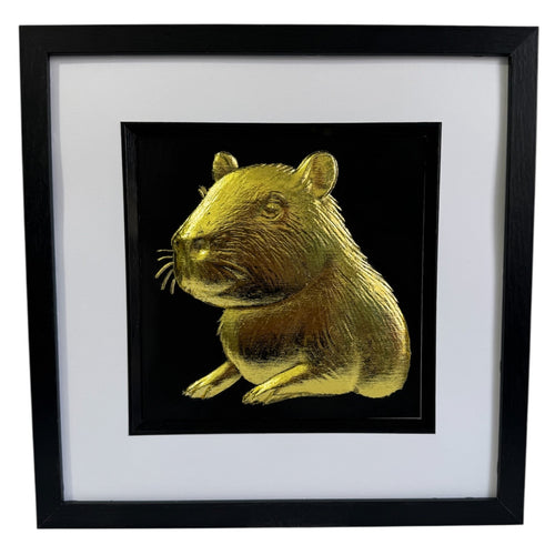 Capybara portrait framed wall art in gold leaf with black frame white mount and black background