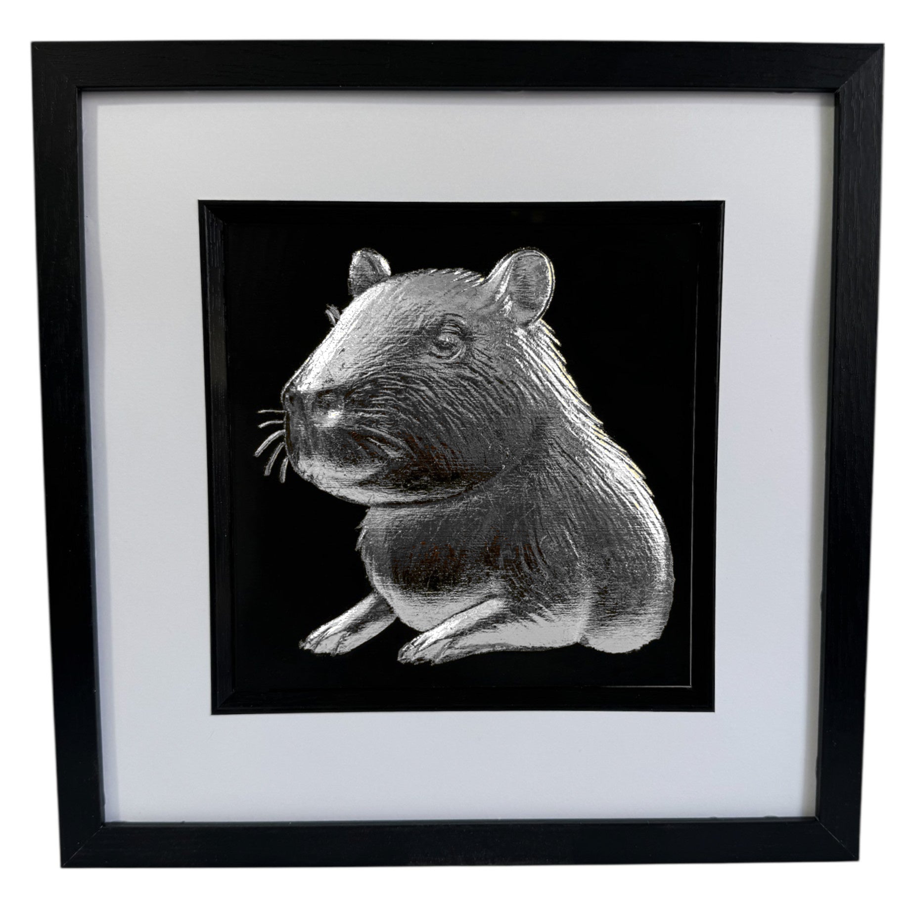 Capybara portrait framed wall art in silver leaf with black frame white mount and black background