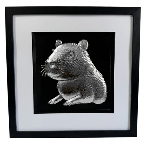 Capybara portrait framed wall art in silver leaf with black frame white mount and black background