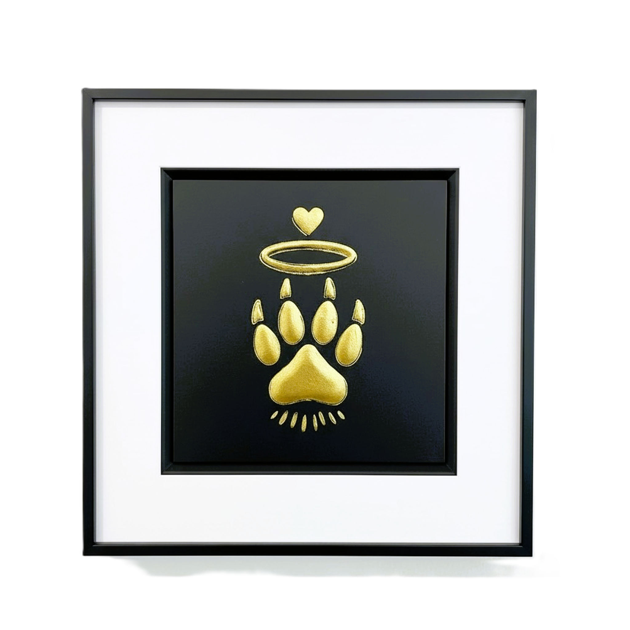 Front view of Cat Paw Halo gold leaf framed wall art in black frame white mount