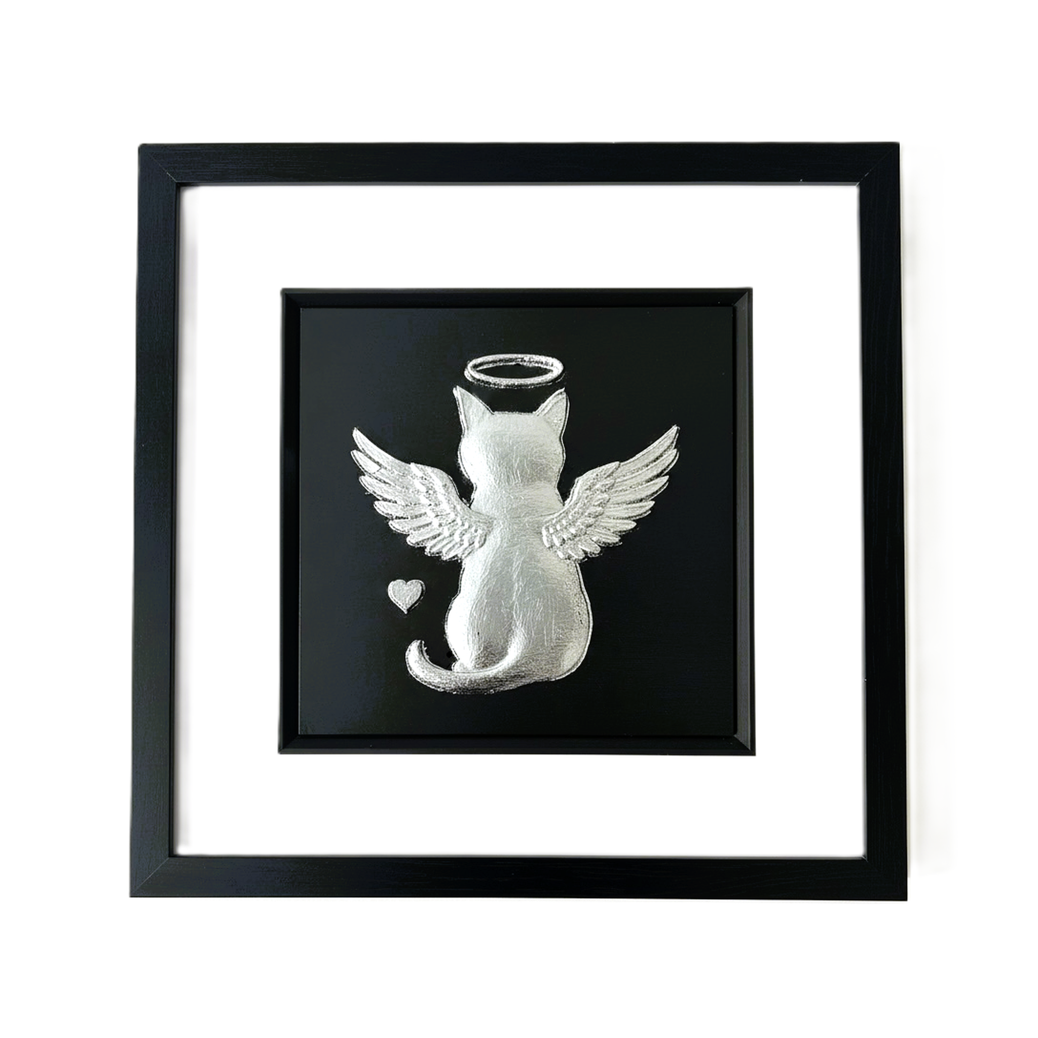 Front-facing silver leaf cat angel memorial wall art centred in a black wooden frame with white mount