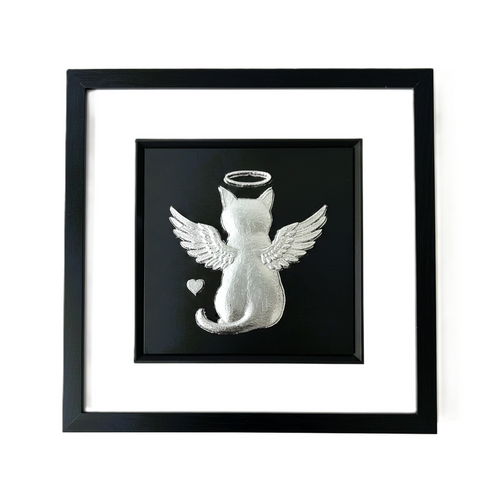 Front-facing silver leaf cat angel memorial wall art centred in a black wooden frame with white mount