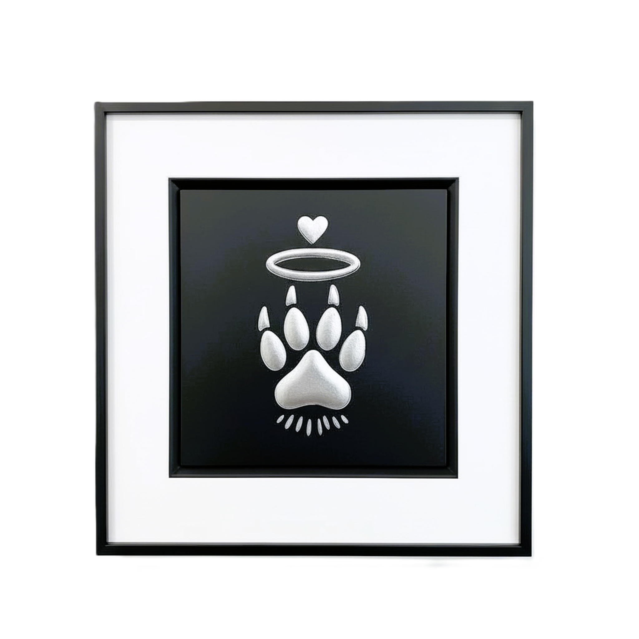 Cat Paw Halo silver leaf framed wall art front facing with black frame and white mount