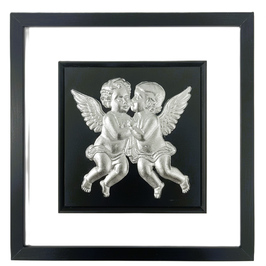 Front-facing silver leaf cherubs wall art centred in a black frame with white mount