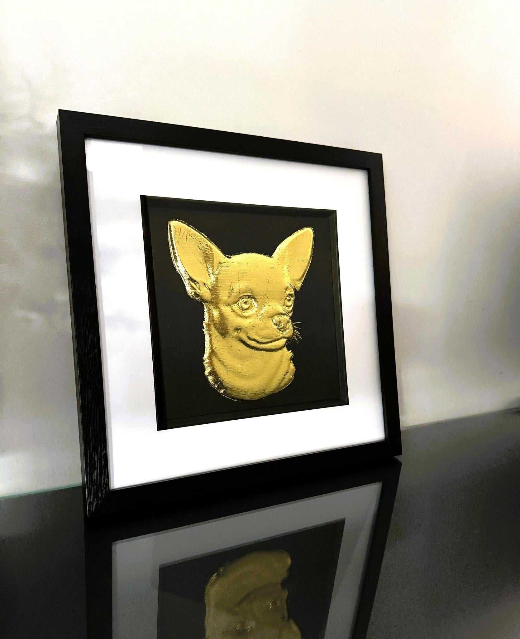 Short-haired Chihuahua gold leaf wall art shown from an angled view in black wooden frame