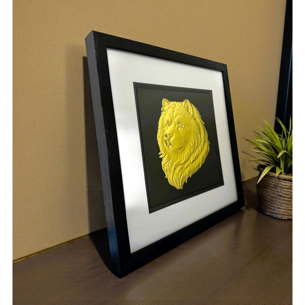 Chow Chow dog wall art displayed on a desk in a black frame with gold leaf finish by JP Designs
