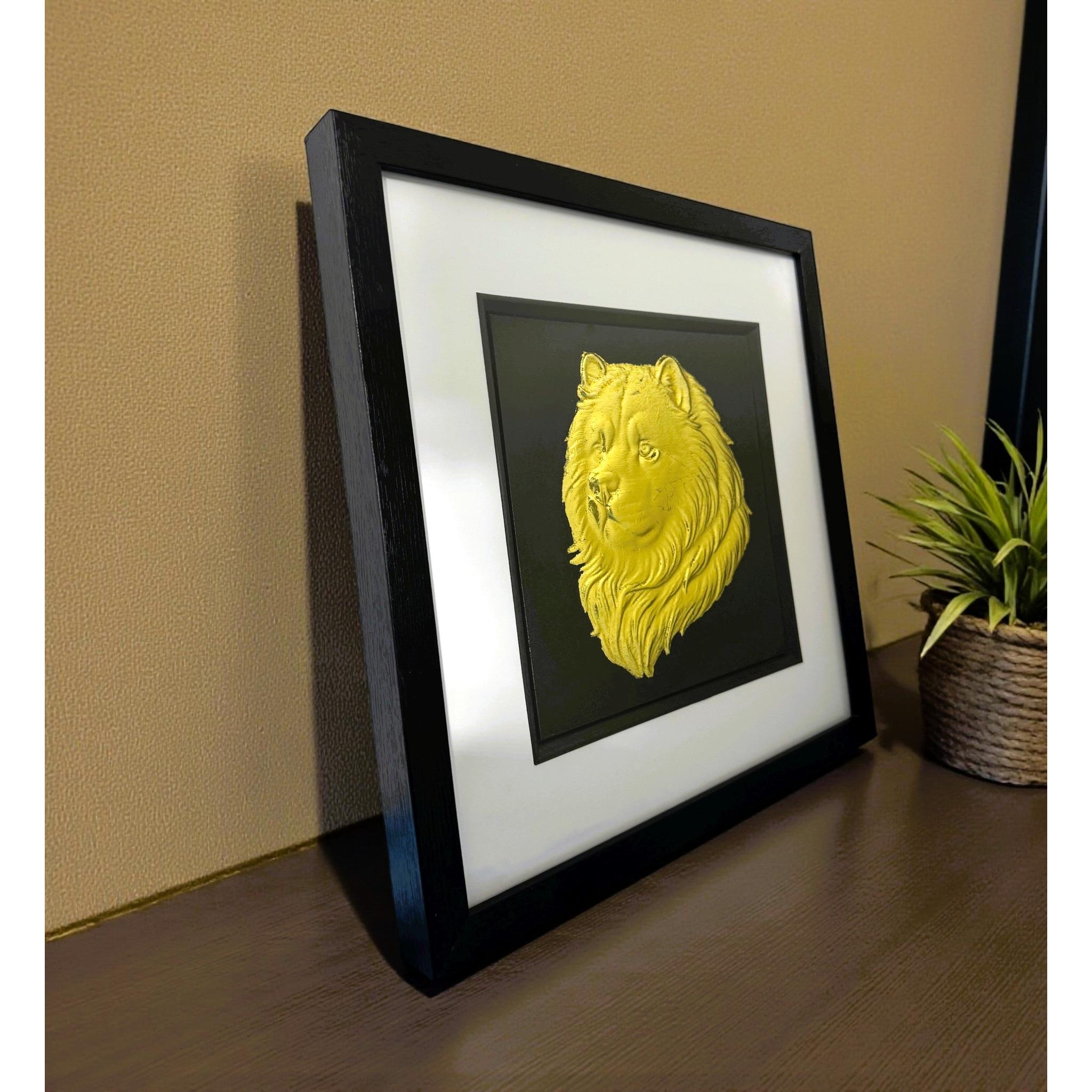 Chow Chow dog wall art displayed on a desk in a black frame with gold leaf finish by JP Designs