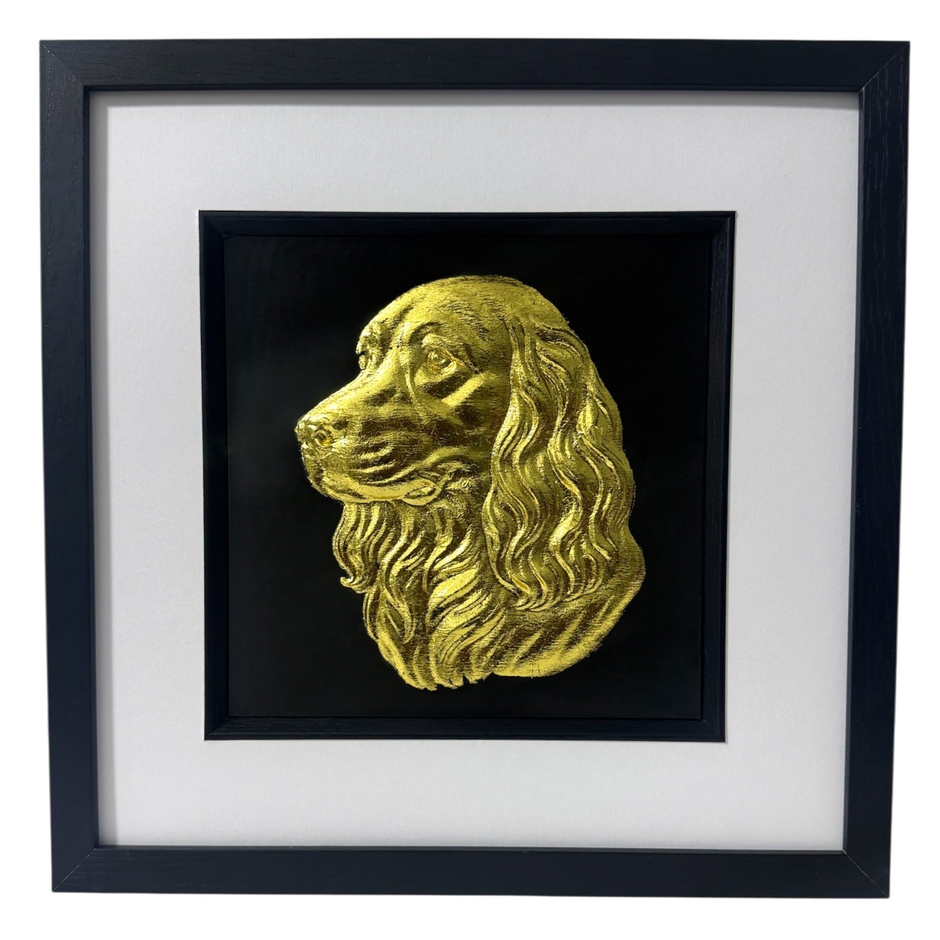 Cocker Spaniel framed wall art with gold leaf relief in black frame