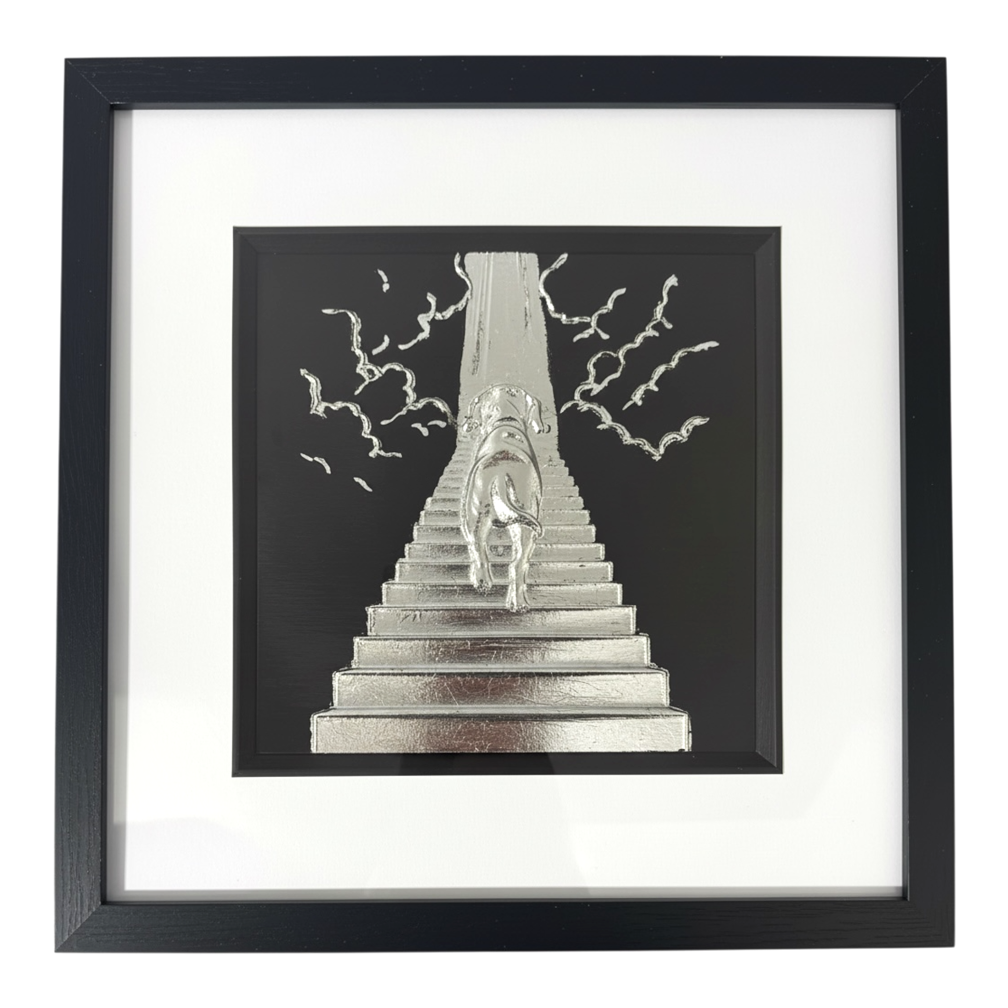 Front view of Dog Stairway to Heaven silver leaf framed wall art in black frame white mount