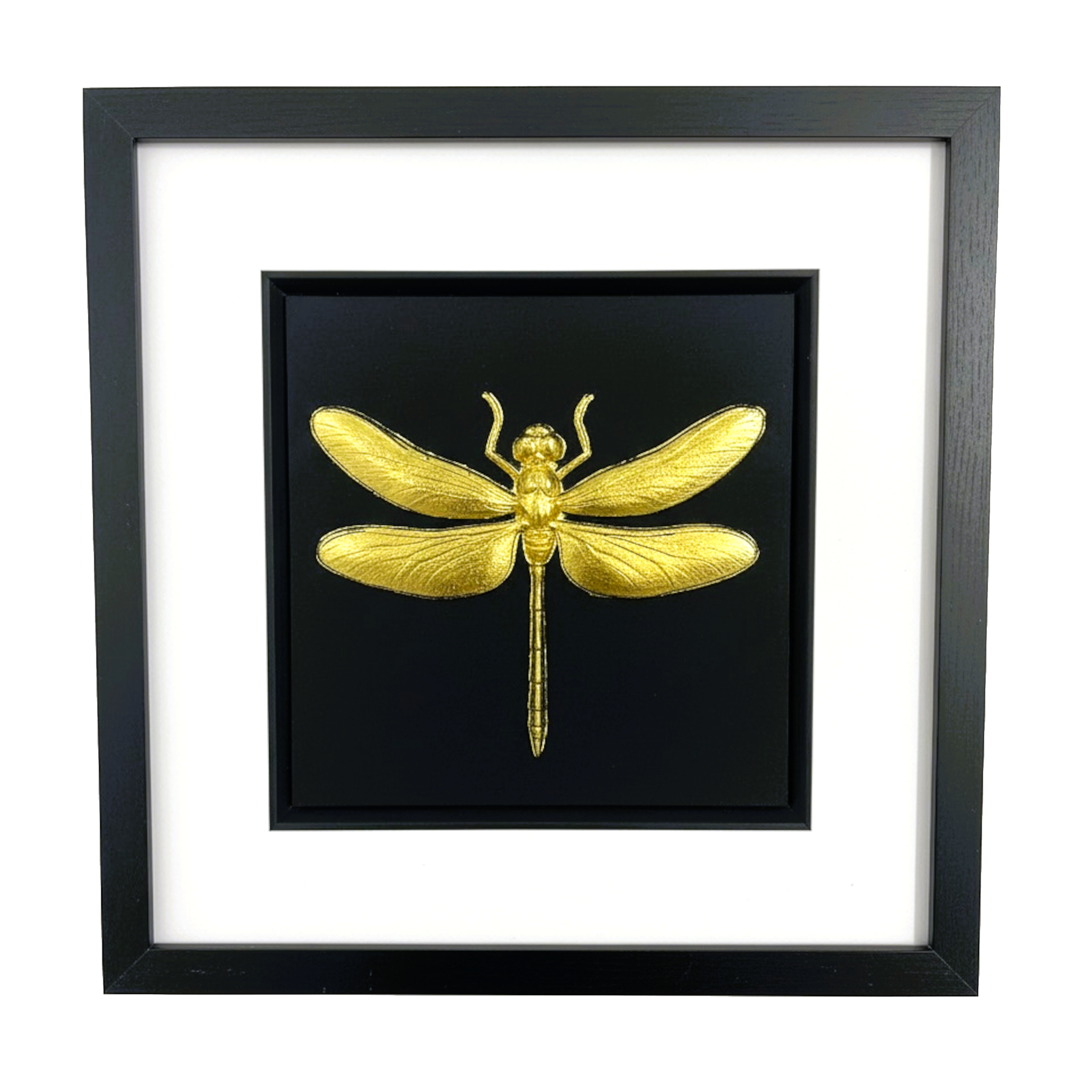 Front-facing gold leaf dragonfly wall art with black background and white mount