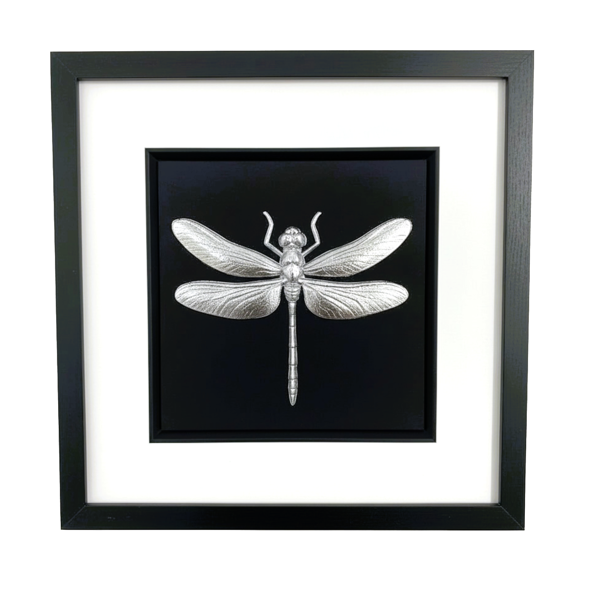 Front-facing silver leaf dragonfly wall art with black background and white mount