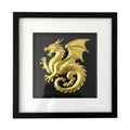 Framed dragon wall art in gold leaf relief, centred on a black background with white mount and black frame