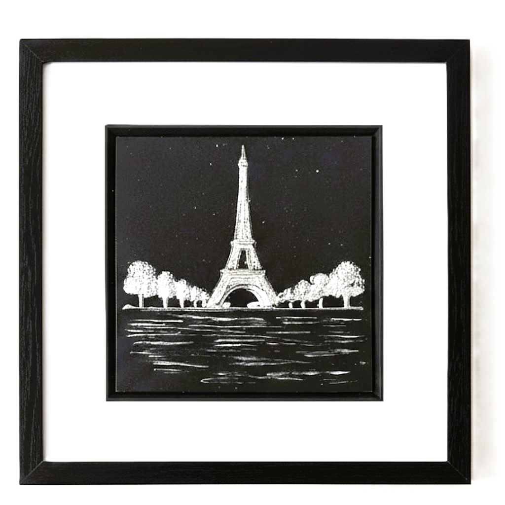 Framed Eiffel Tower landmark artwork finished in gold or silver leaf