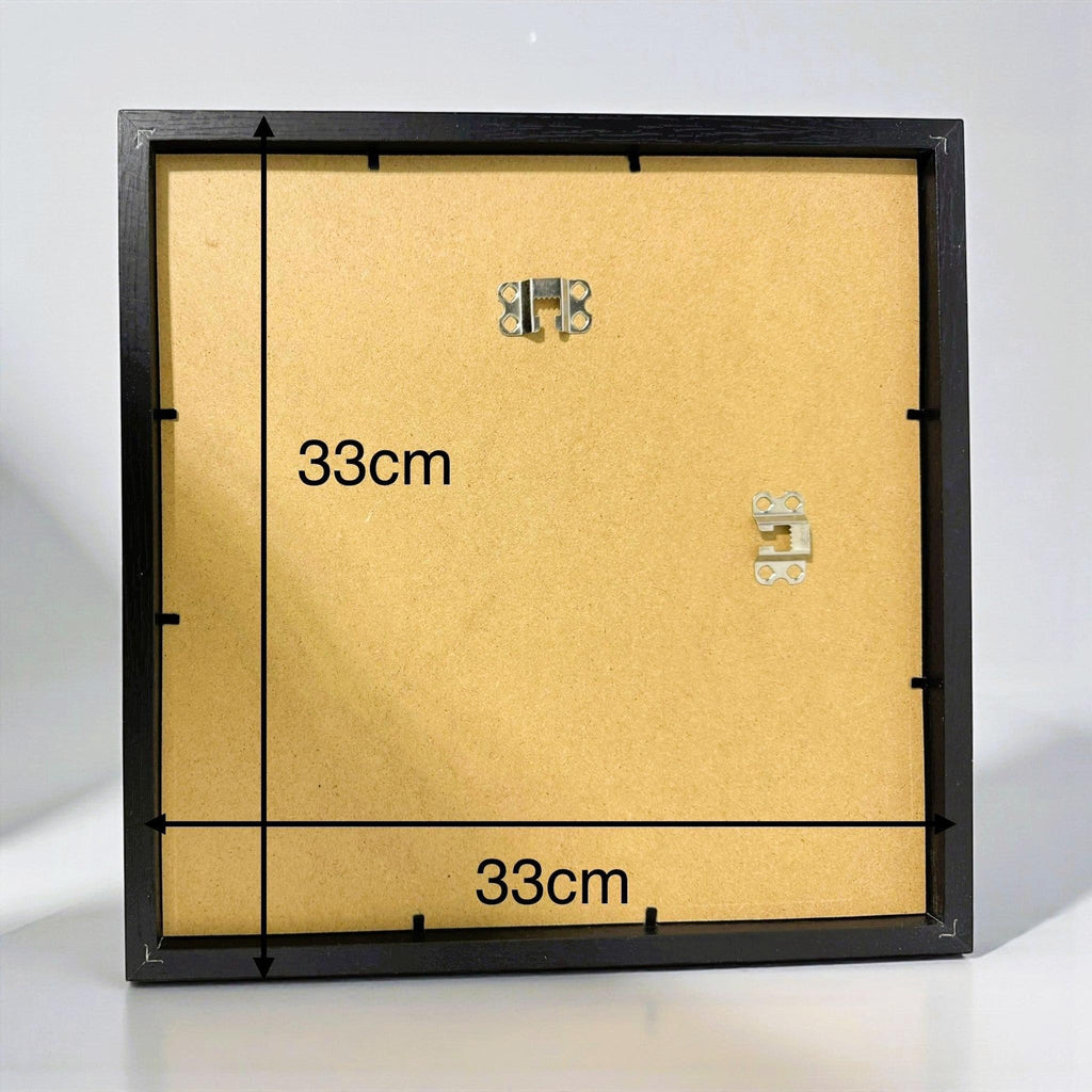Back of the JP Designs wall art frame showing fitted hanging fixings and 33 cm frame dimensions