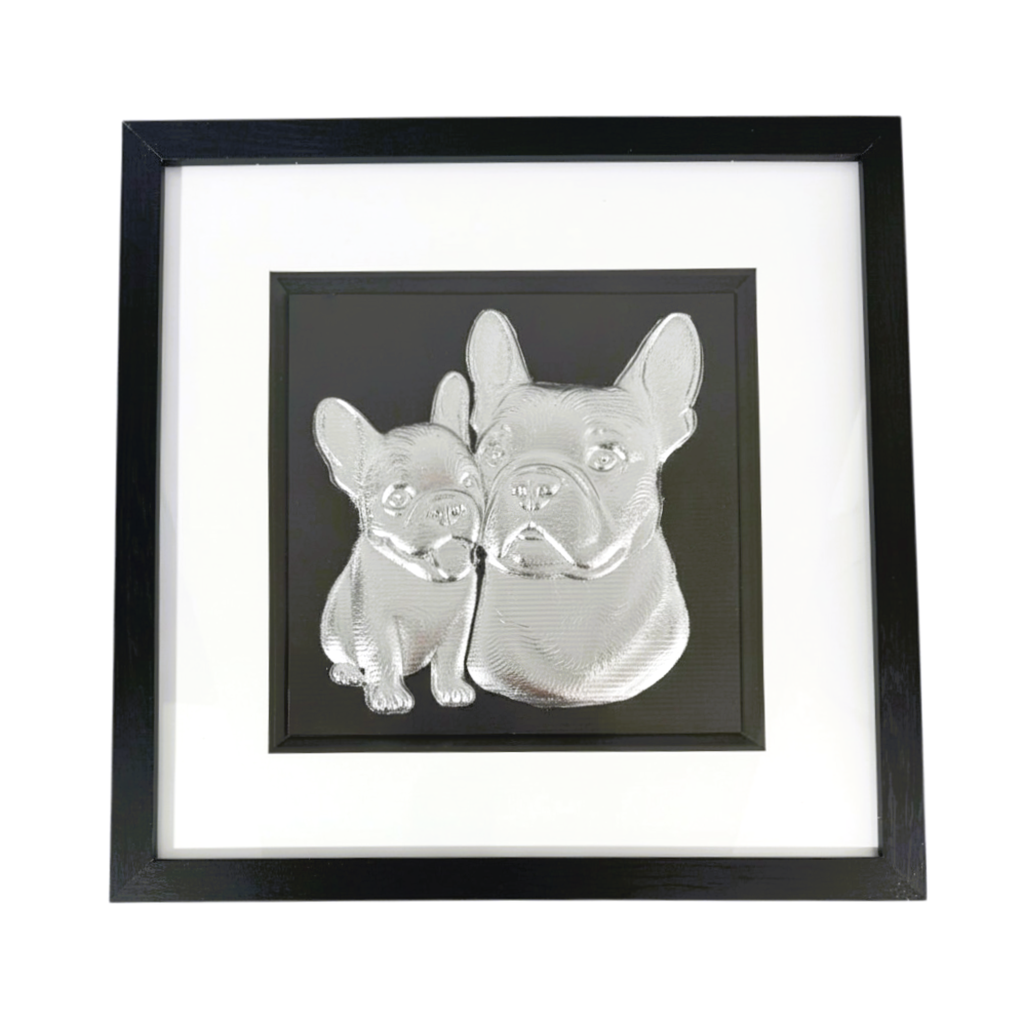French Bulldog mother and puppy framed wall art showing two sculpted dog portraits in silver leaf, set on a black background with white mount and black wooden frame
