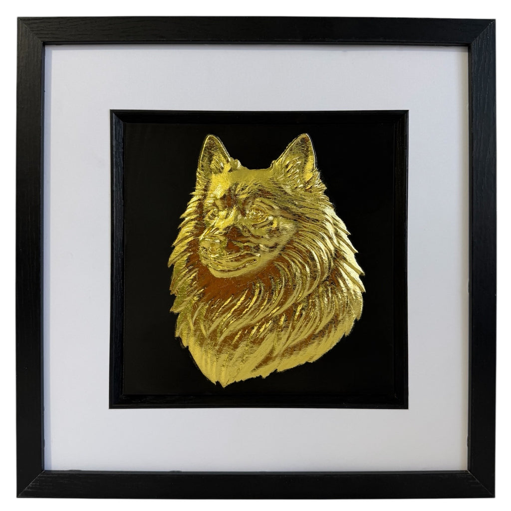 Japanese Spitz - Wall Art Front view of framed gold leaf wall art with black inner surround and white mount by JP Designs