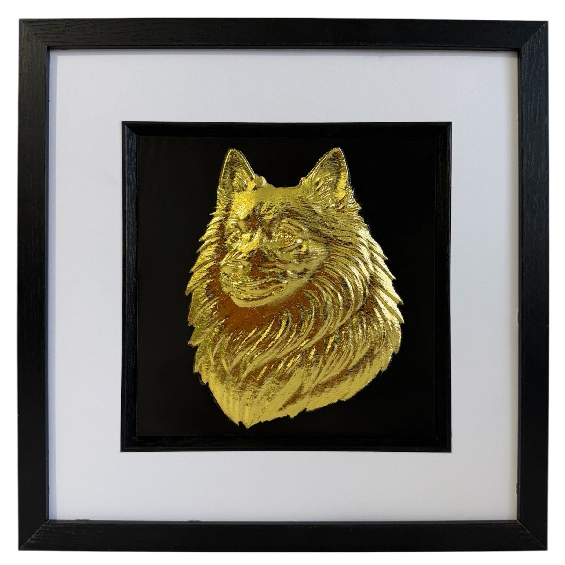 Japanese Spitz - Wall Art Front view of framed gold leaf wall art with black inner surround and white mount by JP Designs