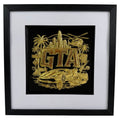 Gold finish framed gta inspired gaming artwork with raised city skyline, helicopter, palm trees, sports car and bold lettering.