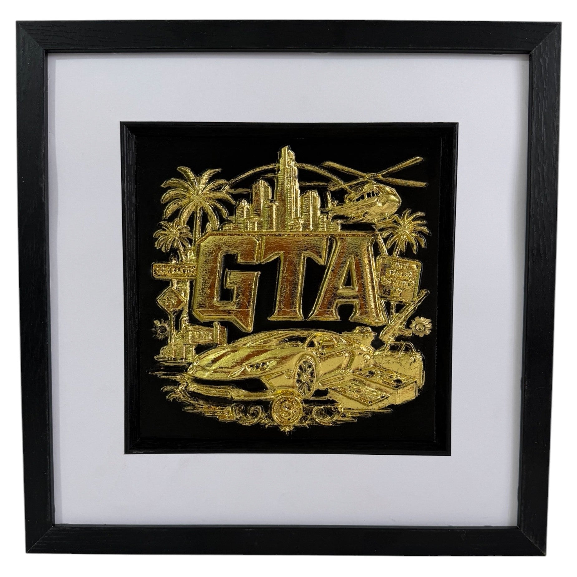 Gold finish framed gta inspired gaming artwork with raised city skyline, helicopter, palm trees, sports car and bold lettering.