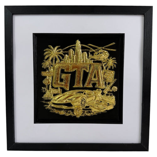 Gold finish framed gta inspired gaming artwork with raised city skyline, helicopter, palm trees, sports car and bold lettering.