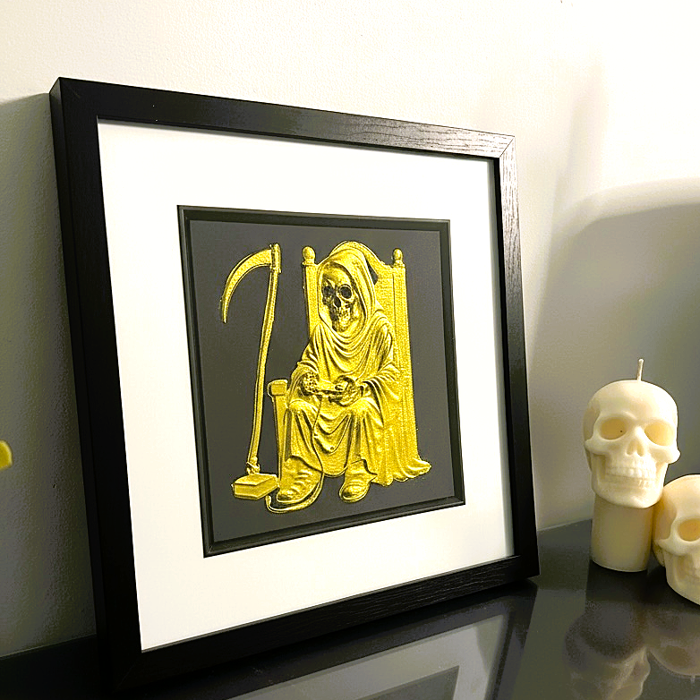 Angled view of Grim Reaper gamer wall art showing depth and frame detail