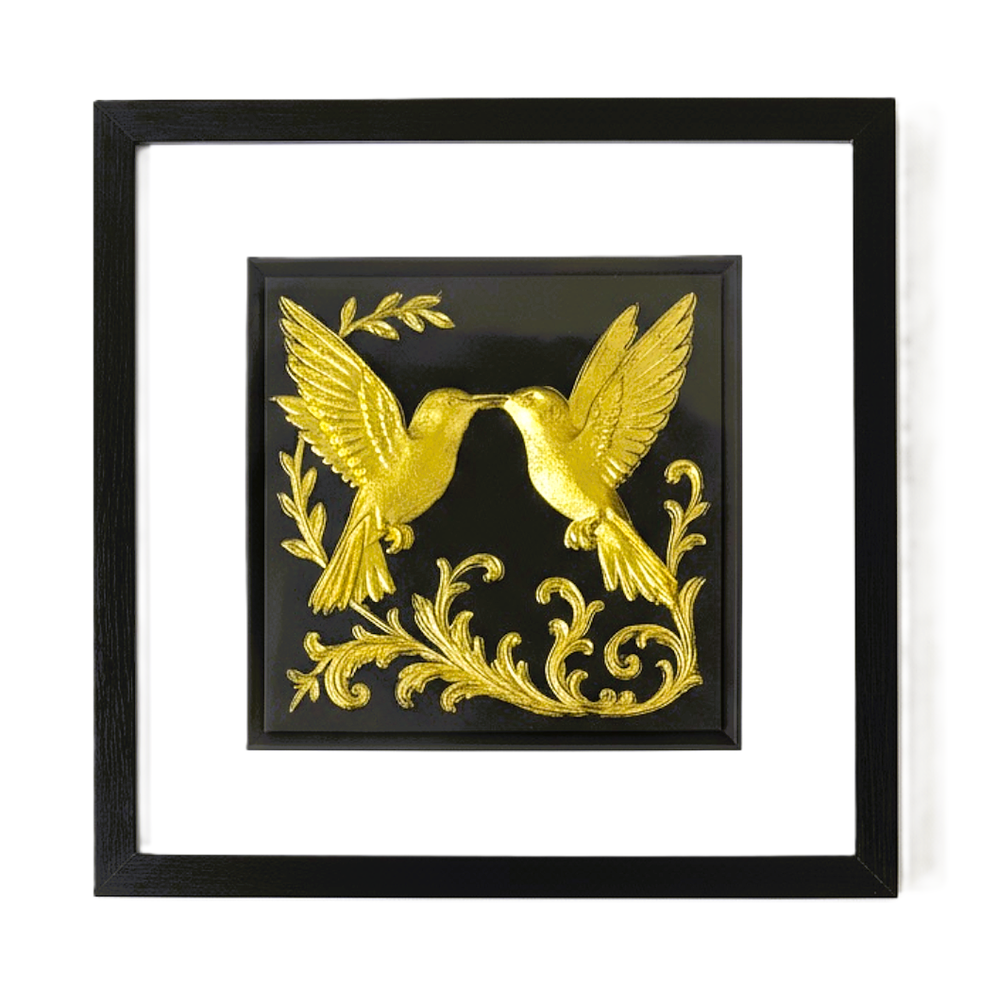 Front-facing gold leaf kissing hummingbirds framed artwork on black background