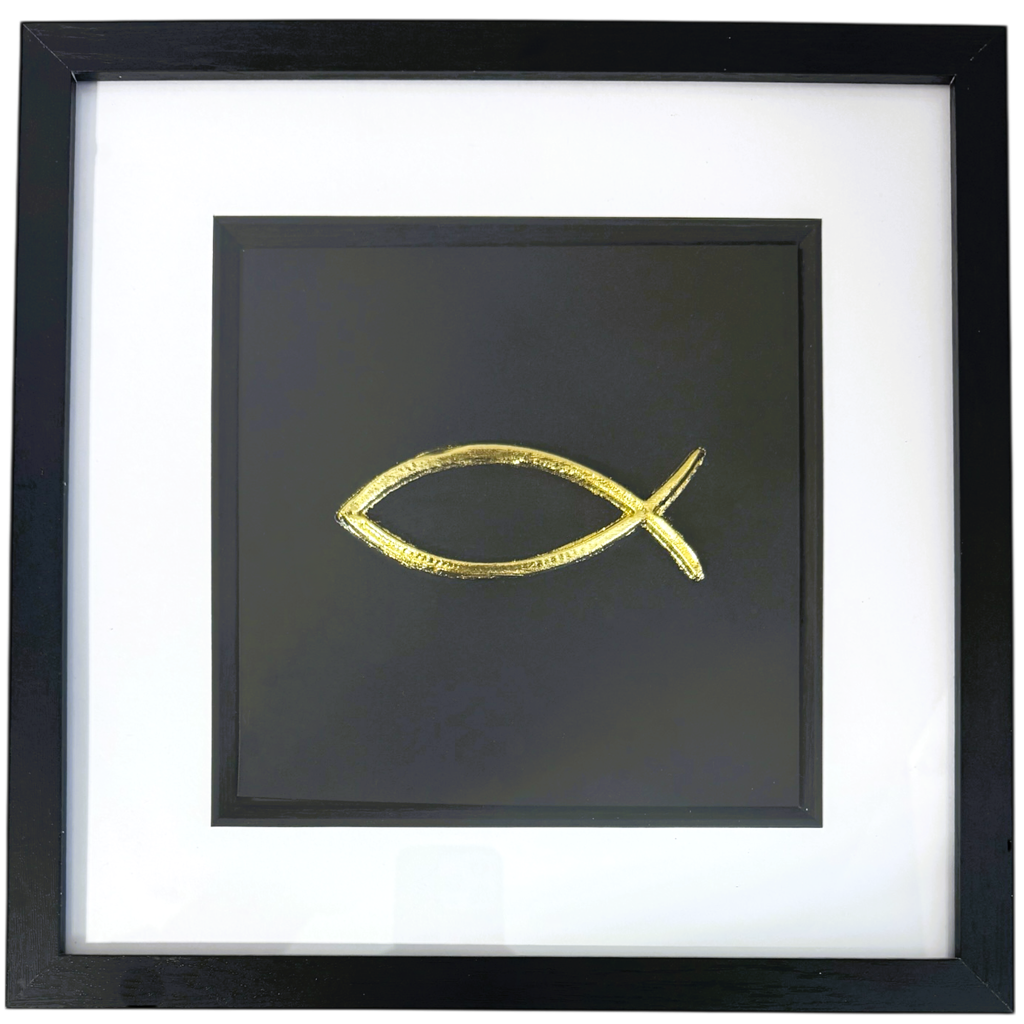 Framed Ichthys fish wall art in gold leaf with black frame and white mount