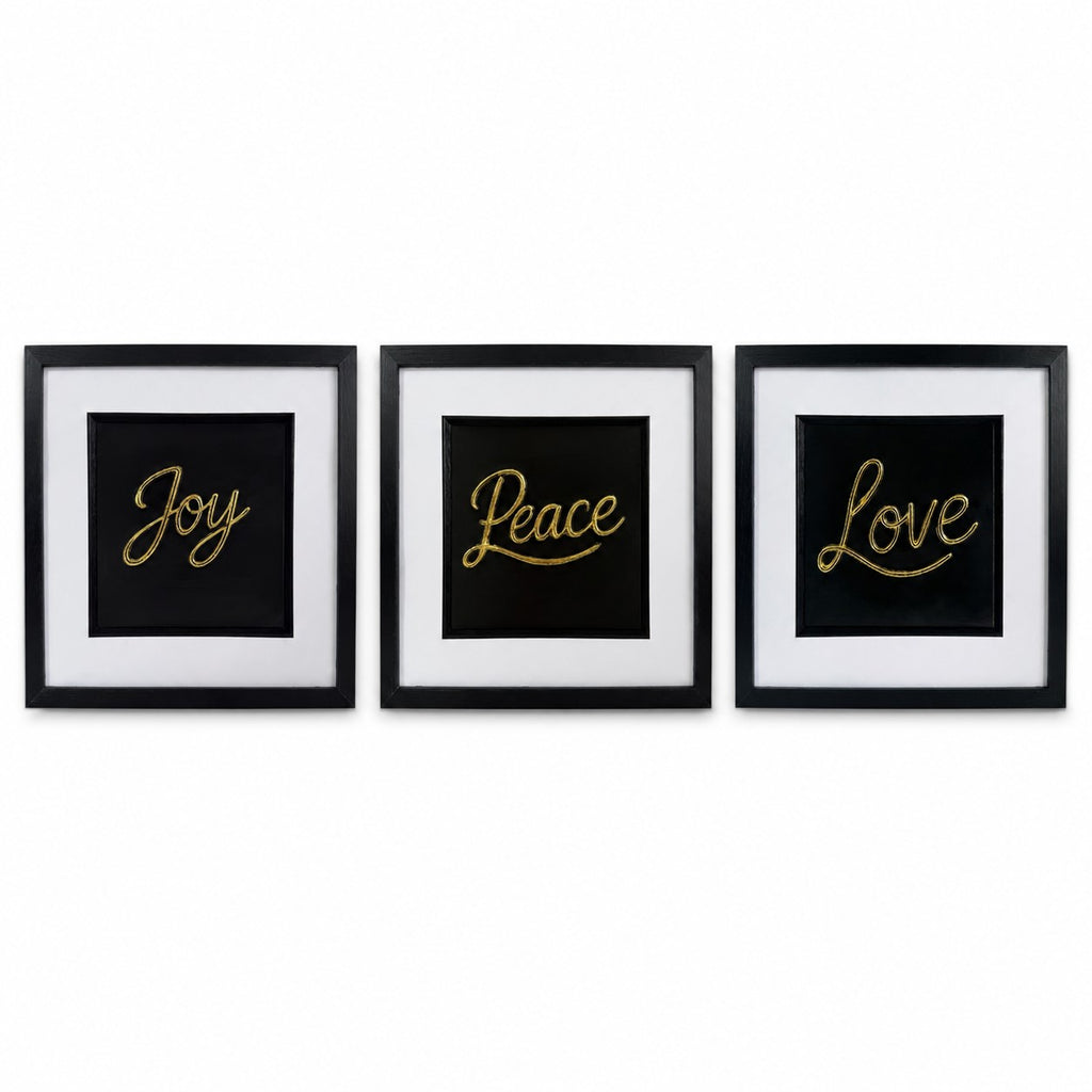Straight-on Gold Joy Peace Love set of three framed artworks with black frames, white mounts and black centre panels