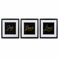 Straight-on Gold Joy Peace Love set of three framed artworks with black frames, white mounts and black centre panels