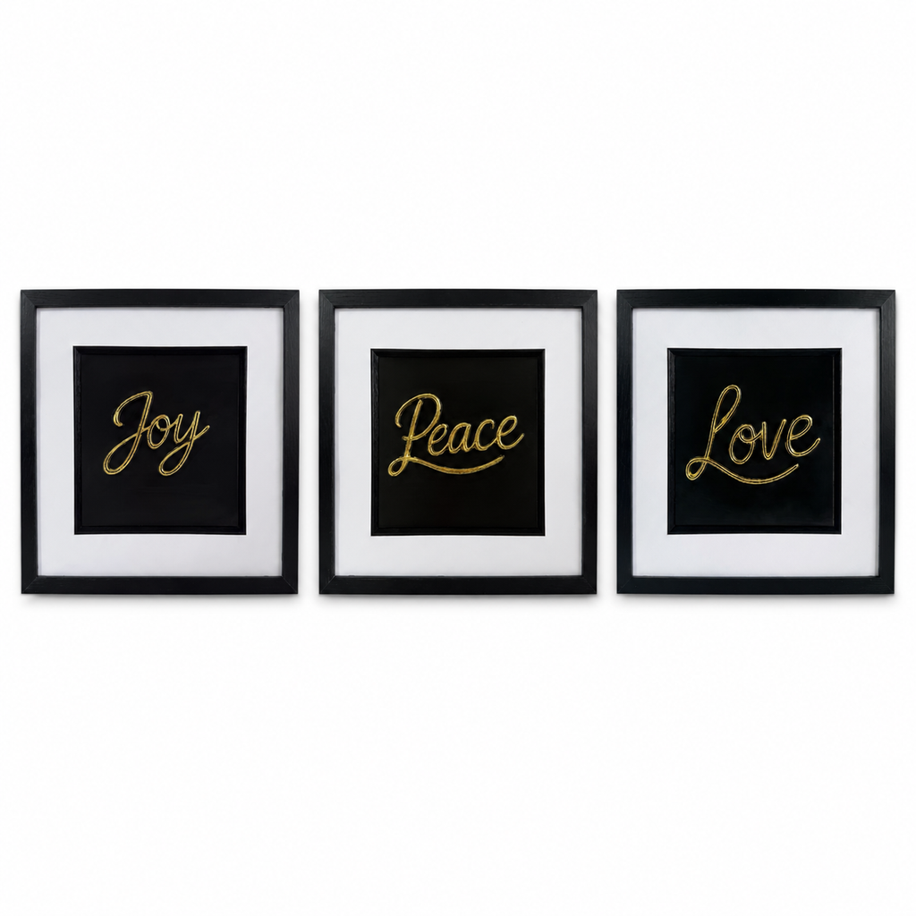 Straight-on Gold Joy Peace Love set of three framed artworks with black frames, white mounts and black centre panels