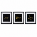Straight-on Gold Joy Peace Love set of three framed artworks with black frames, white mounts and black centre panels