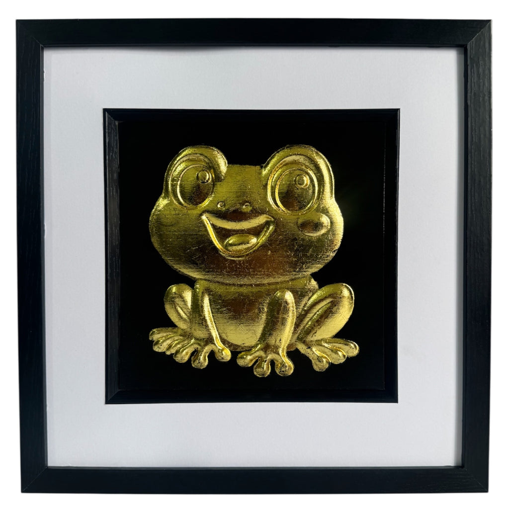 Front view of kawaii frog gold leaf framed wall art