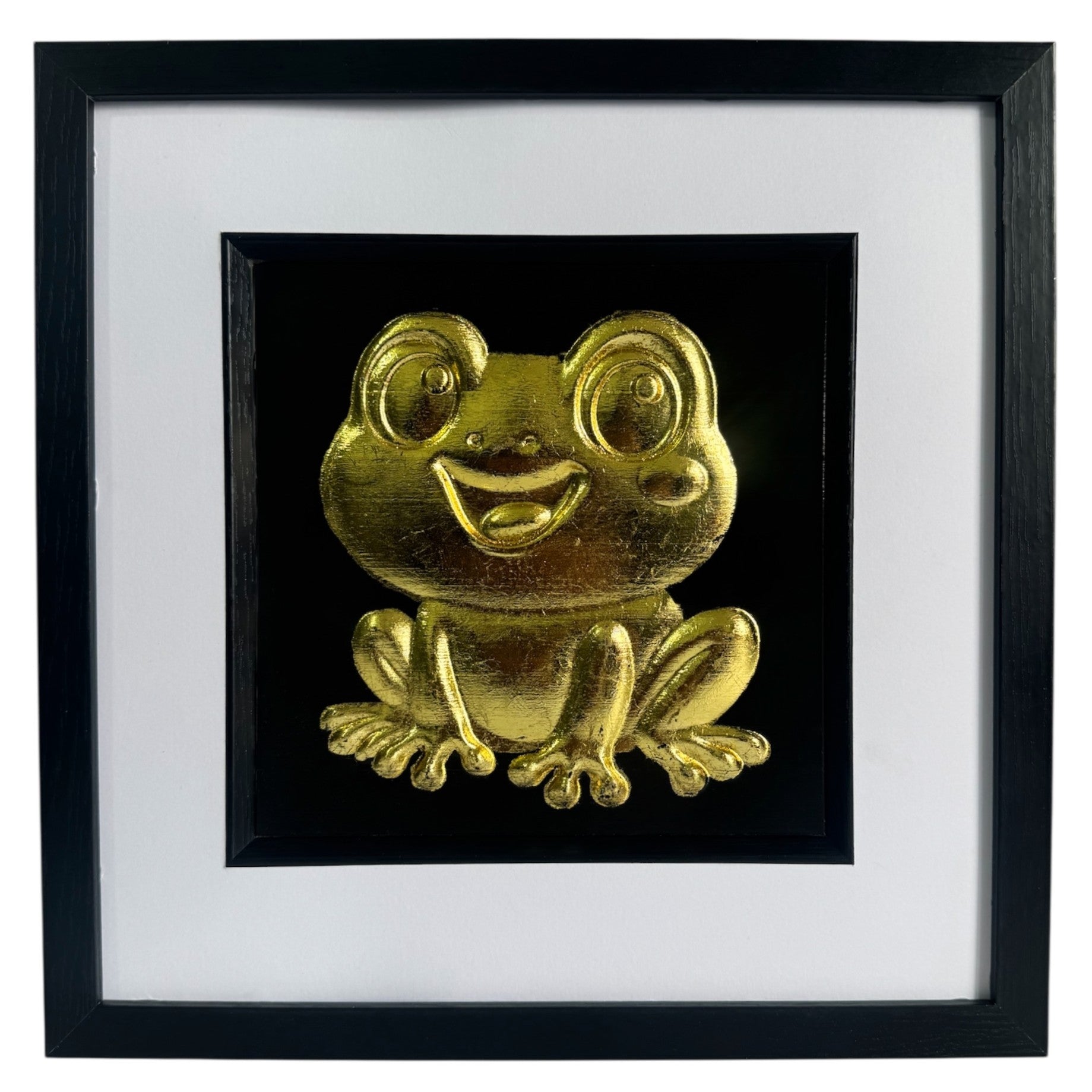 Front view of kawaii frog gold leaf framed wall art