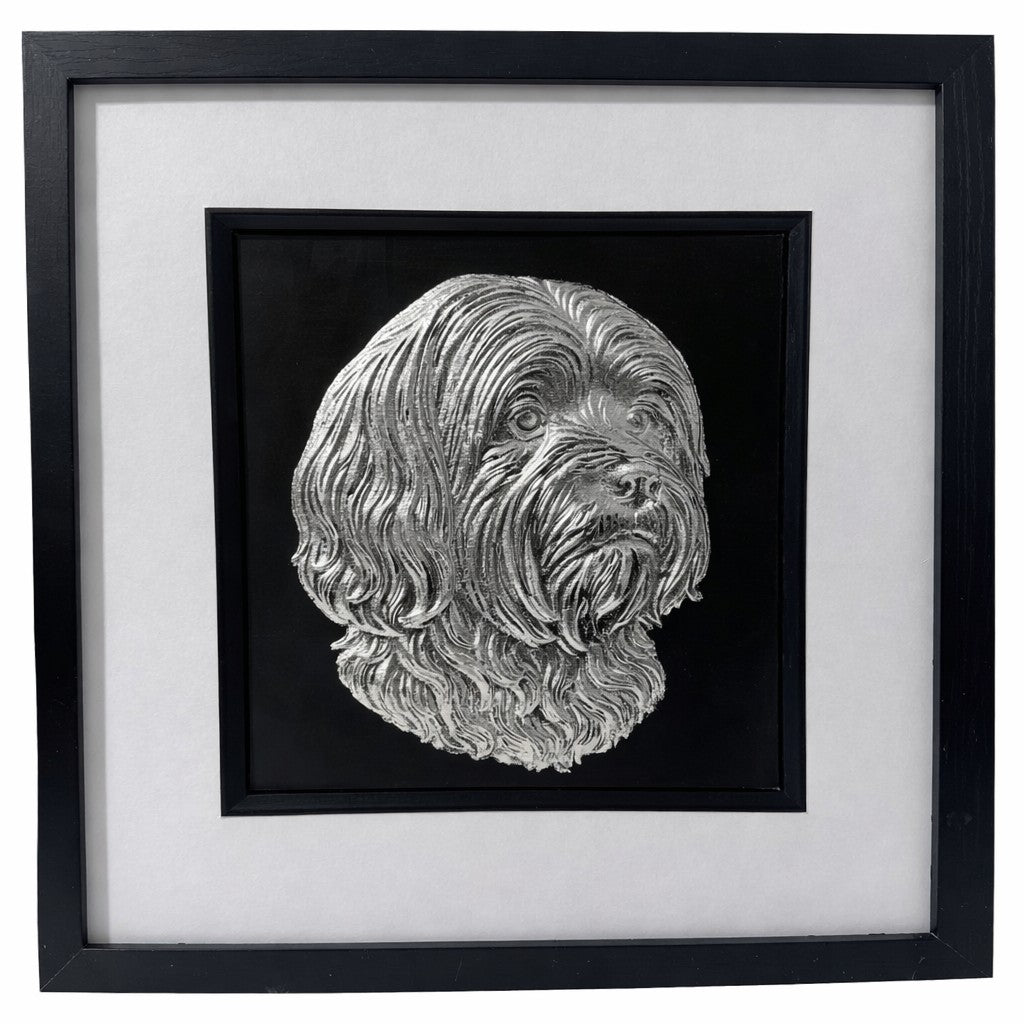Lhasa Apso framed wall art in silver leaf with black frame white mount and black background