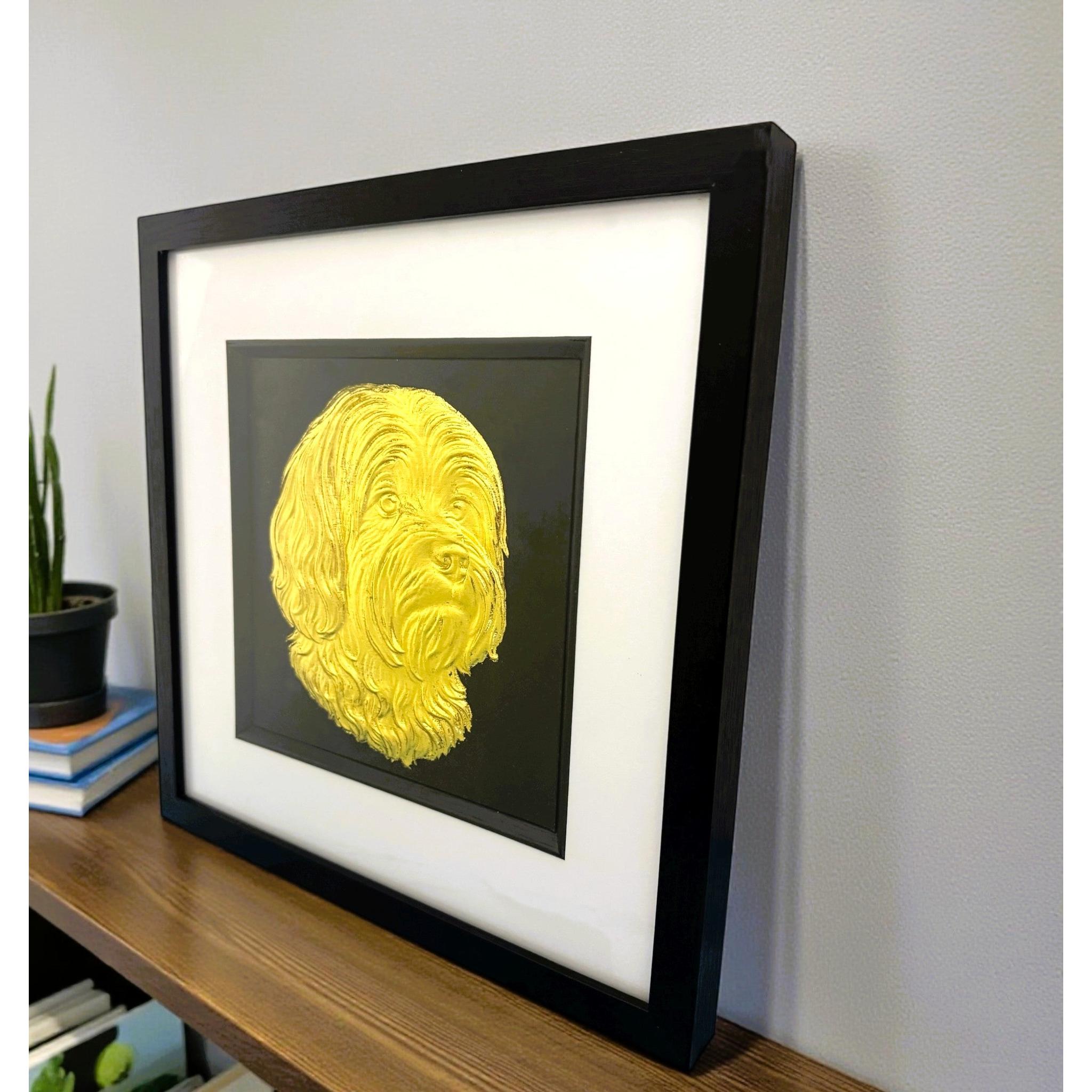Close view of Lhasa Apso gold leaf portrait within black framed wall art