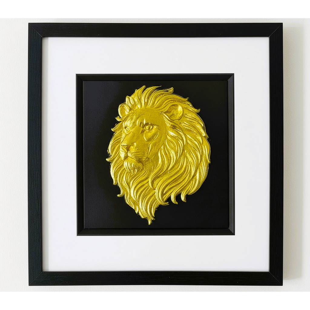 Gold lion wall art framed in black with white mount on black background