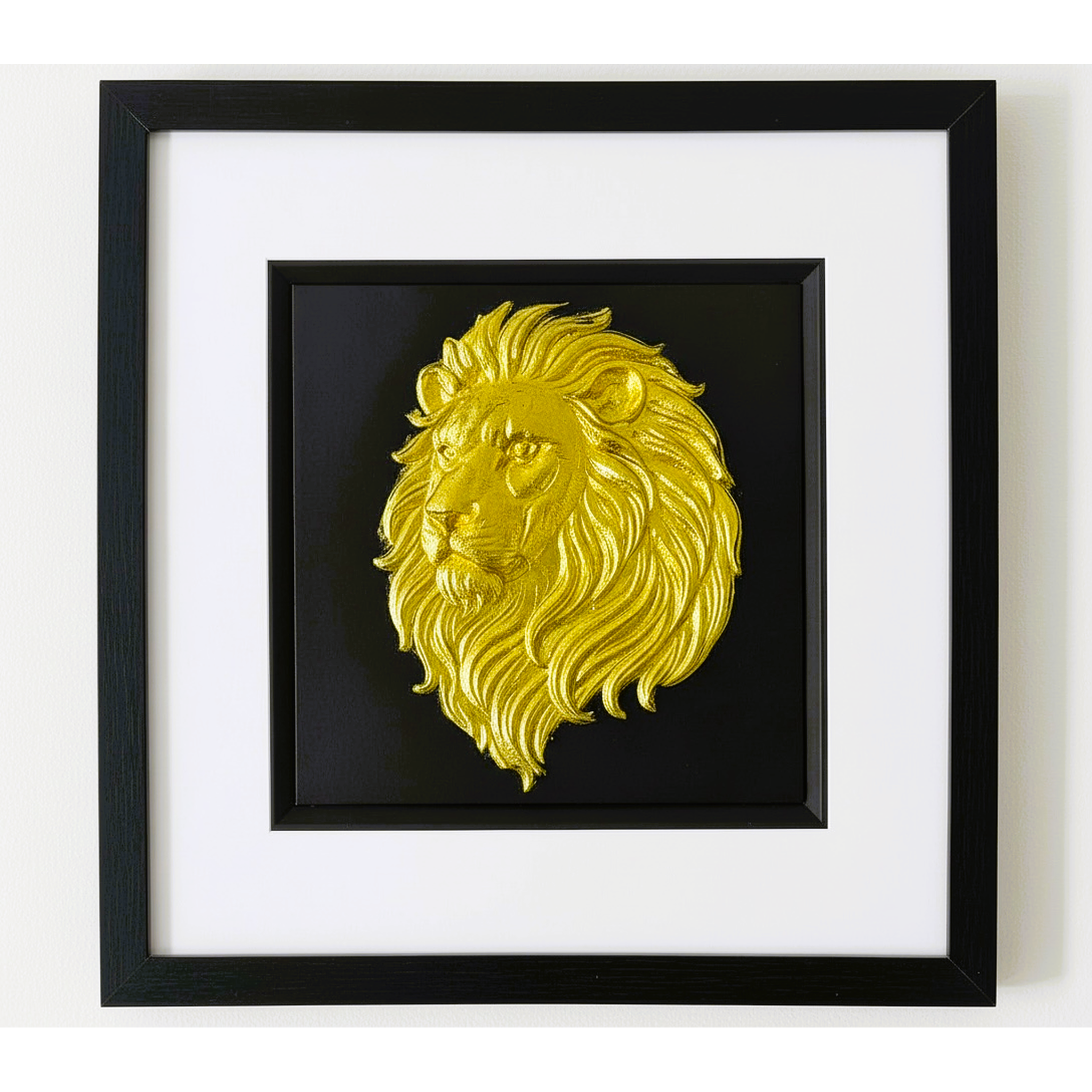 Gold lion wall art framed in black with white mount on black background