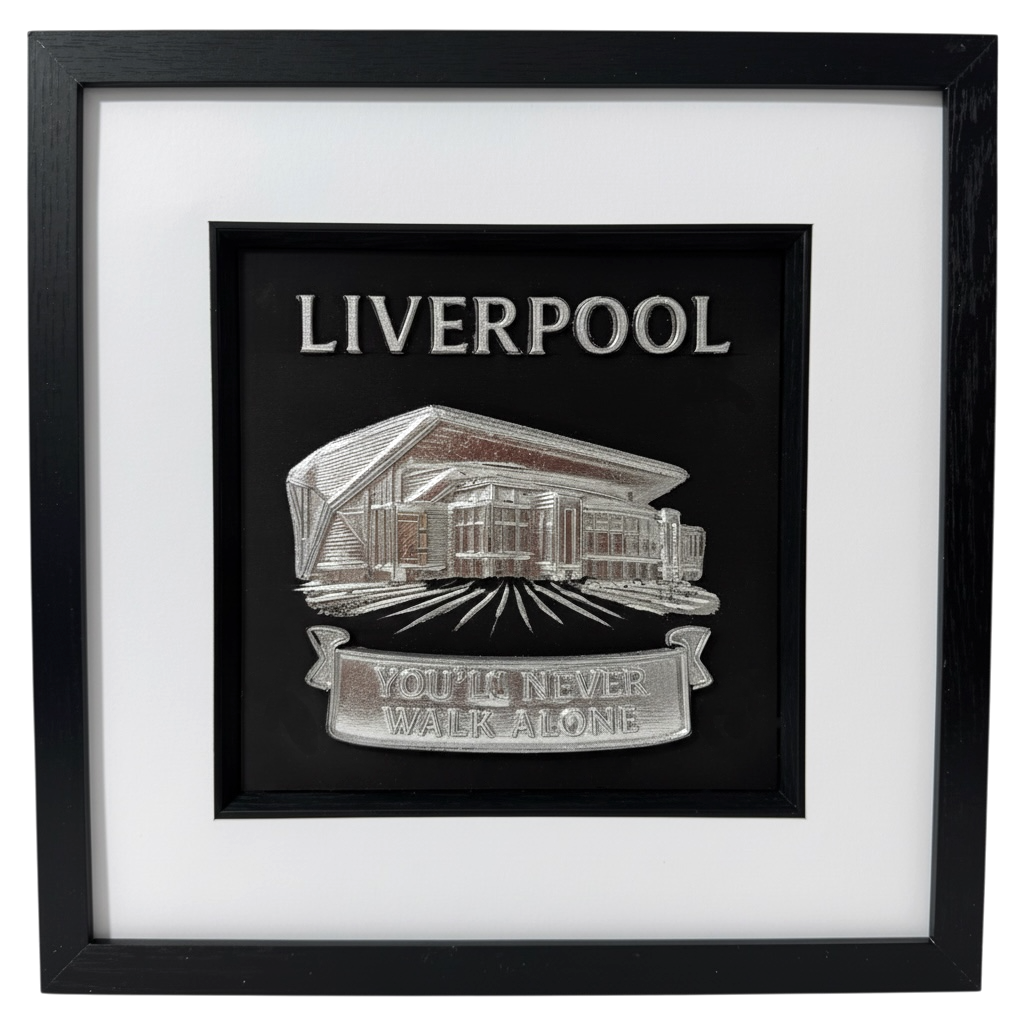 Silver 3D relief wall art of Liverpool Anfield stadium on black background.