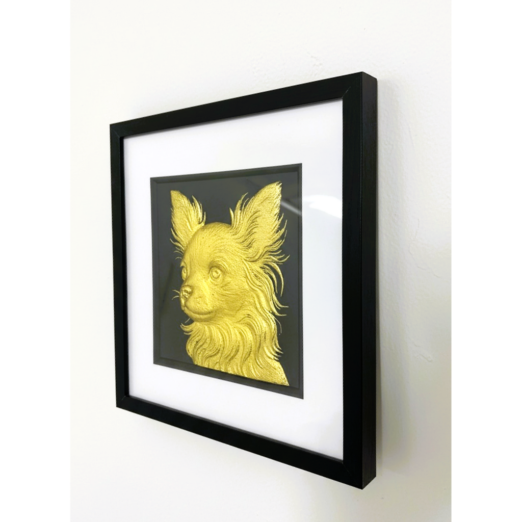 Long Hair Chihuahua framed wall art in silver leaf shown front on with black frame white mount and black background