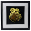Miniature Schnauzer framed wall art in gold leaf shown front on with black wooden frame white mount and black background