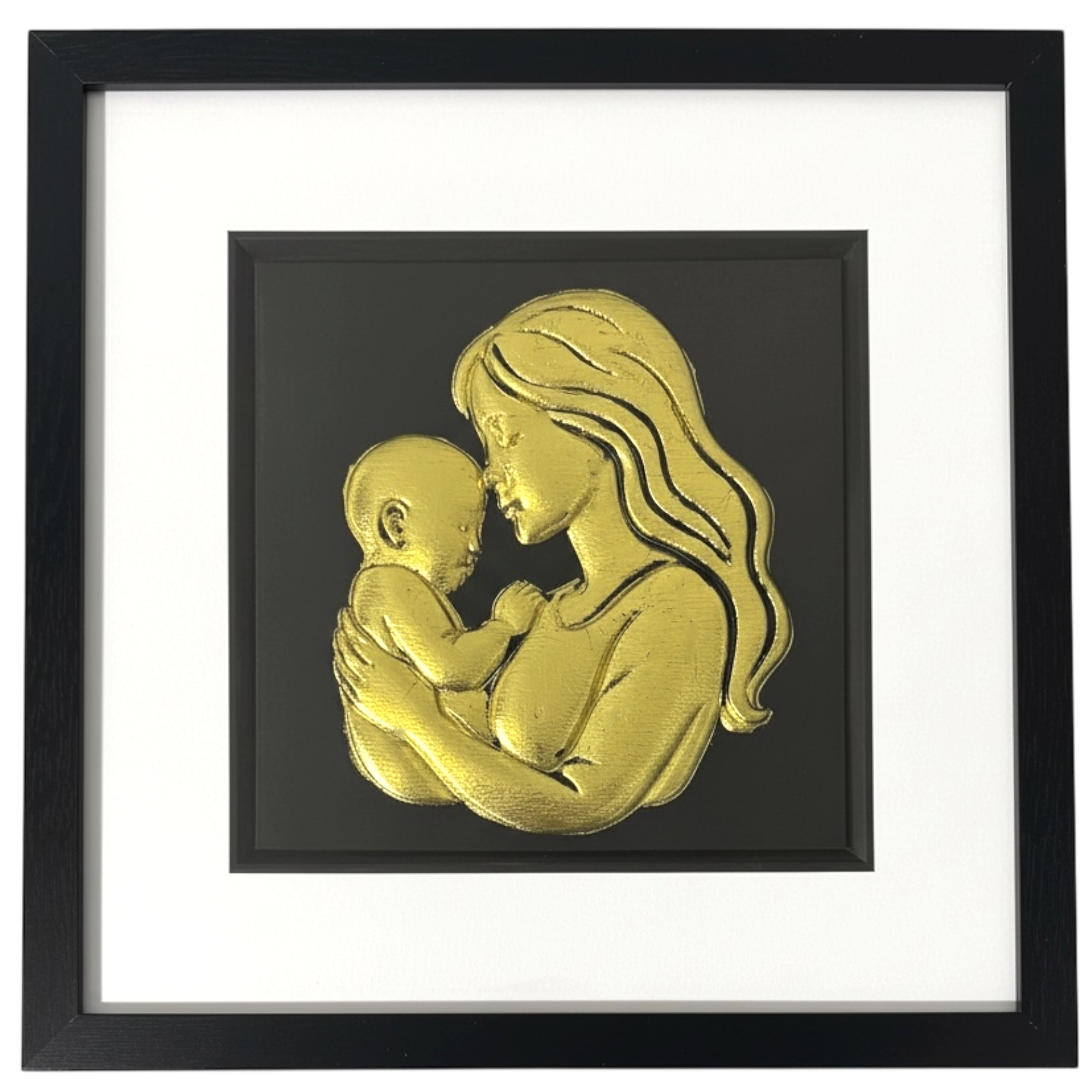 Mother and baby wall art framed in black with gold leaf relief on black background