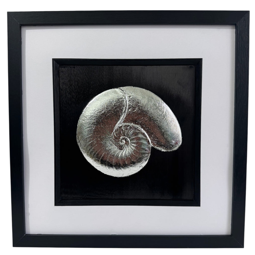 Nautilus shell silver leaf artwork on black background in square frame