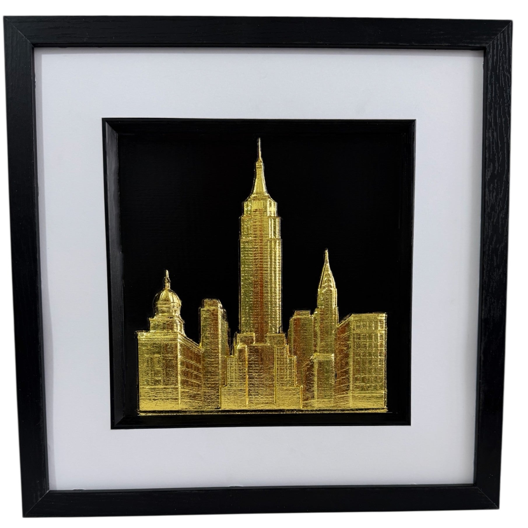 New York skyline wall art in a black frame with gold leaf Manhattan 3D relief design by JP Designs