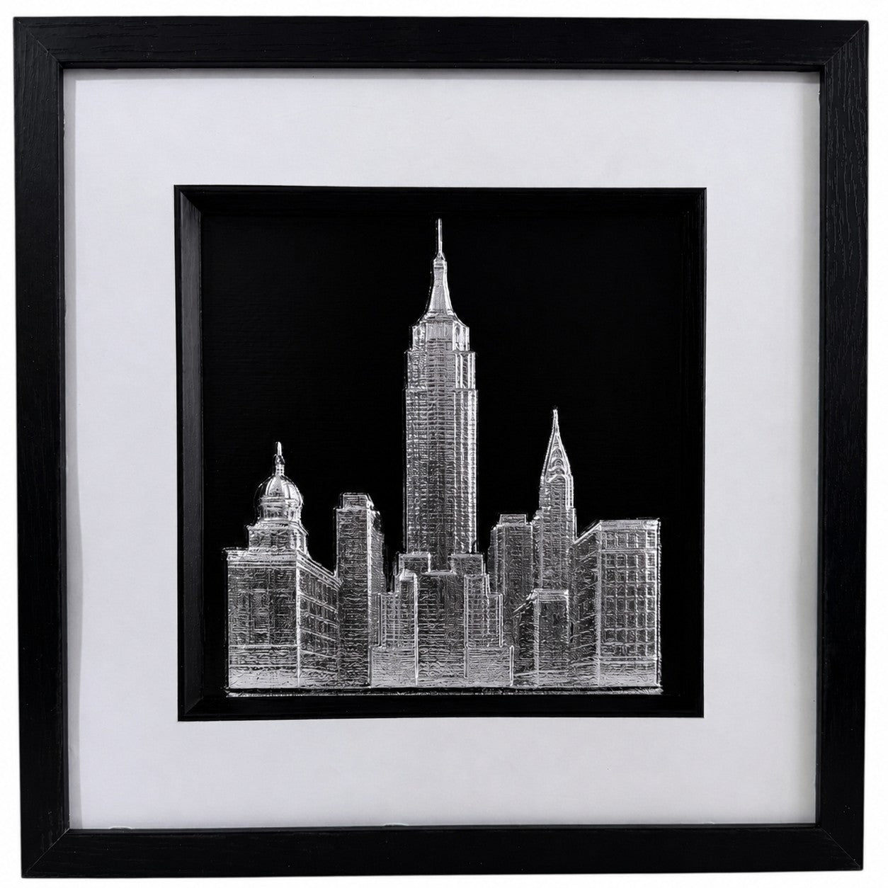 Silver framed New York cityscape wall art with raised Manhattan skyline, black centre, white mount and black square frame.