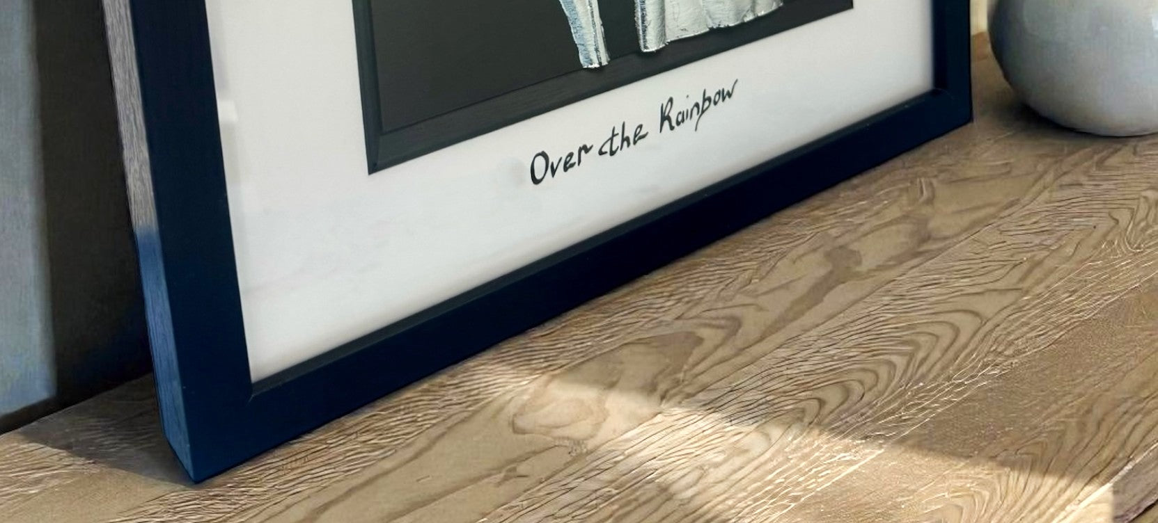 Personalised memorial calligraphy text “Over the Rainbow” on framed wall art mount