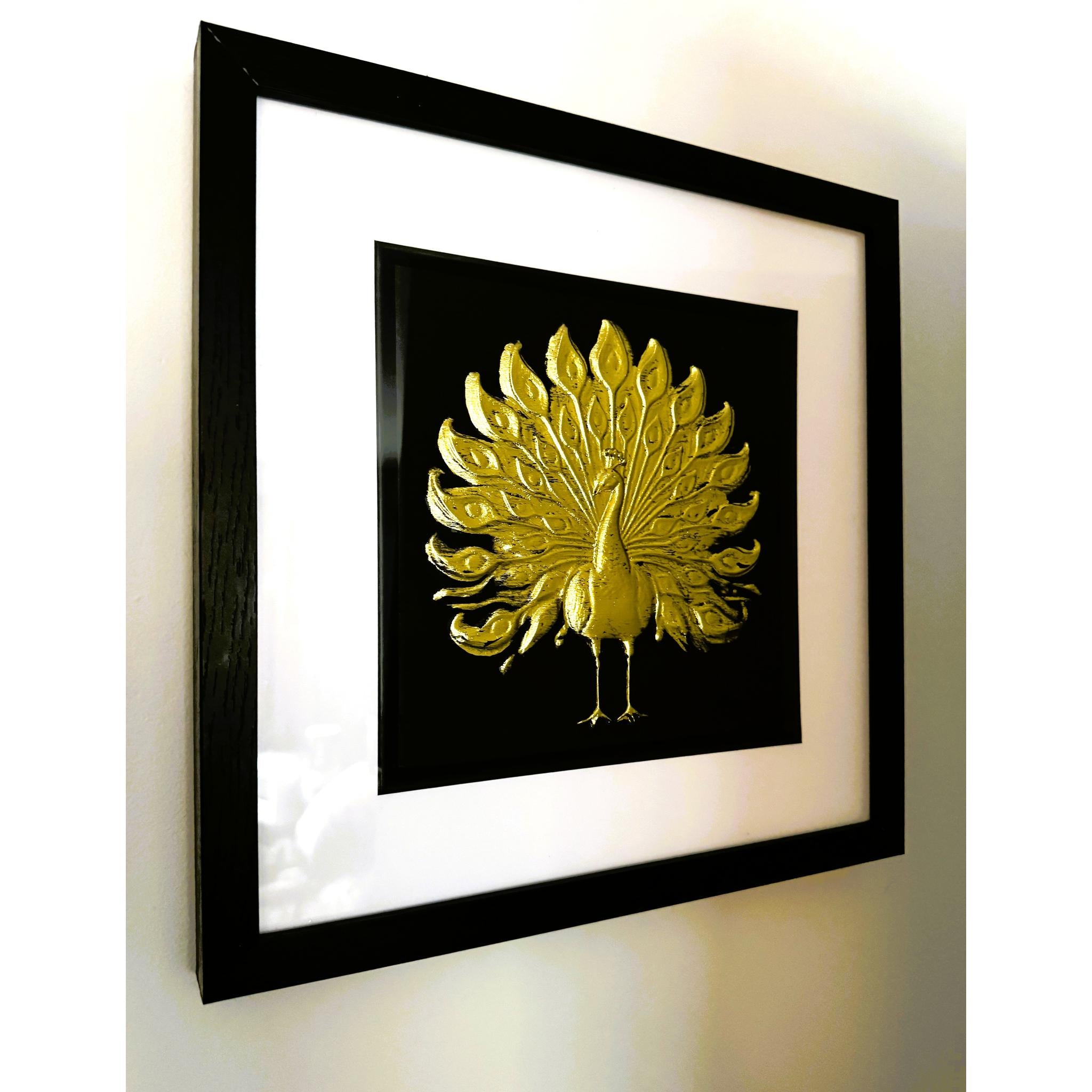 Gold peacock framed wall art shown from an angled wall view