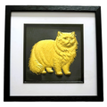 Front view of Persian cat gold leaf framed wall art in black frame white mount