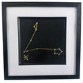 Gold Pisces constellation wall art on black background with white mount