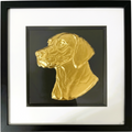 English Pointer framed wall art showing a sculpted dog portrait in gold leaf, set on a black background with white mount and black wooden frame
