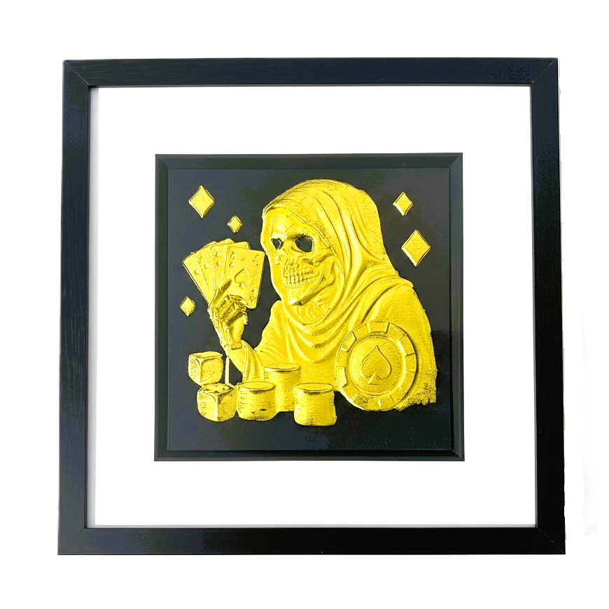 Gold leaf Grim Reaper playing poker wall art on black background